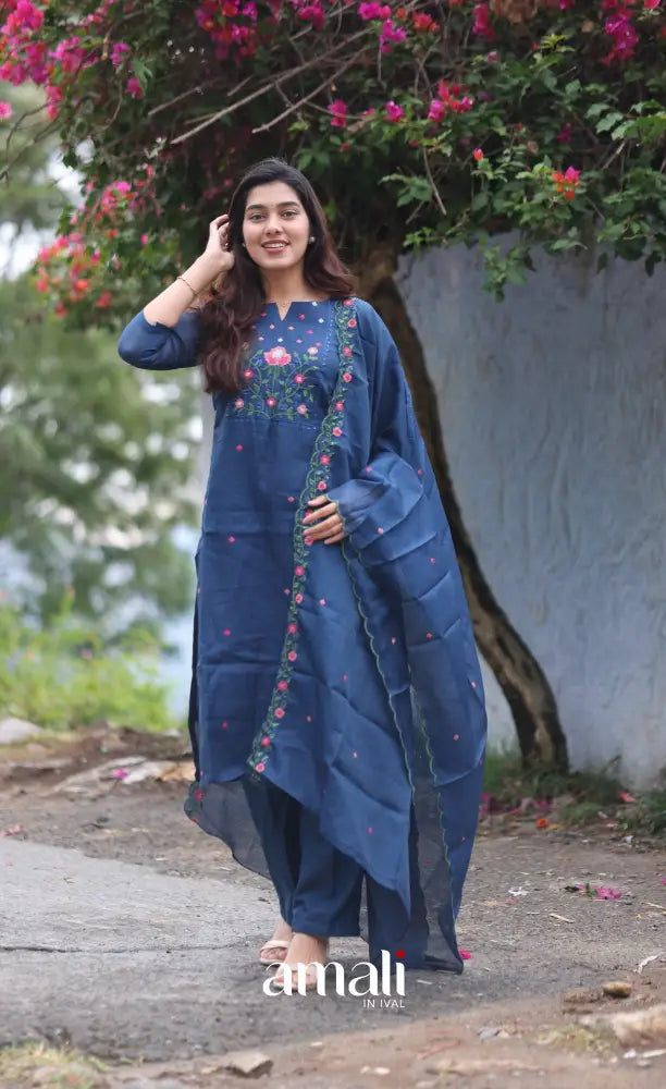 Dark Blue Embroidered Kota Salwar Set - salwar