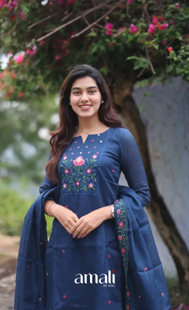 Dark Blue Embroidered Kota Salwar Set - salwar