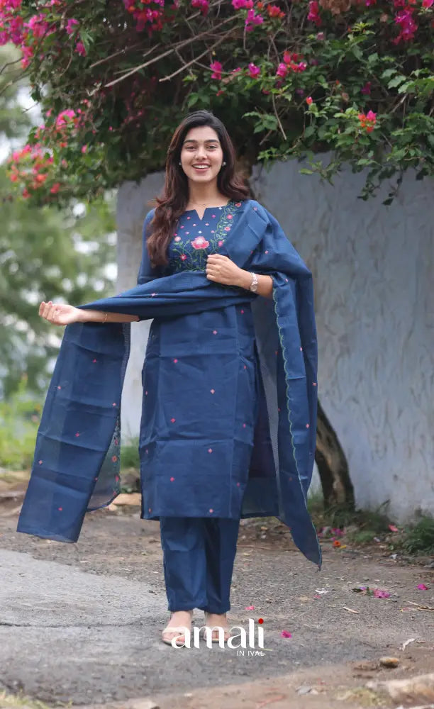 Dark Blue Embroidered Kota Salwar Set - salwar