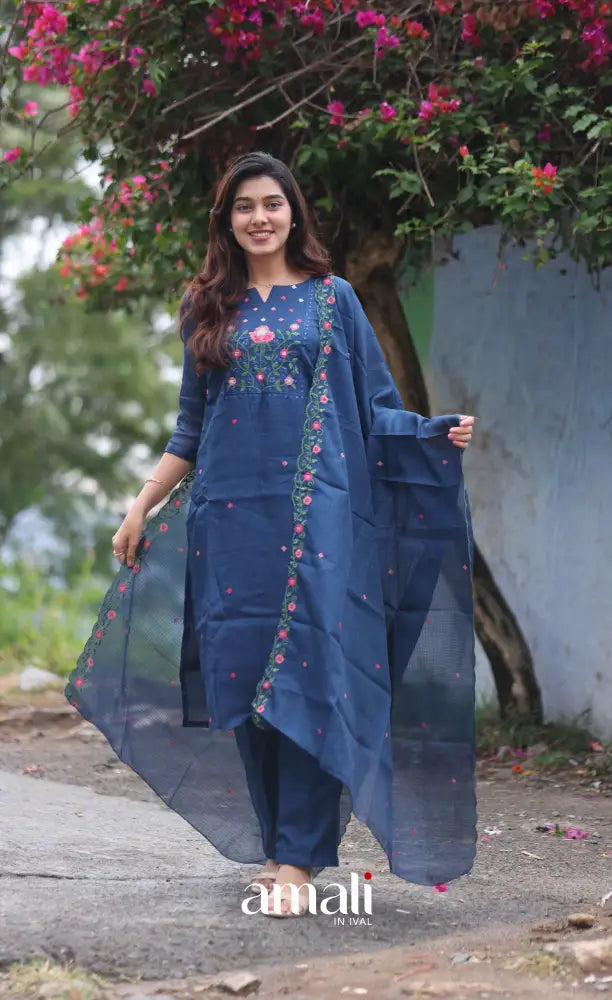 Dark Blue Embroidered Kota Salwar Set - salwar