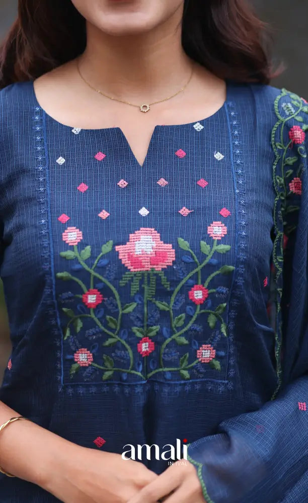 Dark Blue Embroidered Kota Salwar Set - salwar