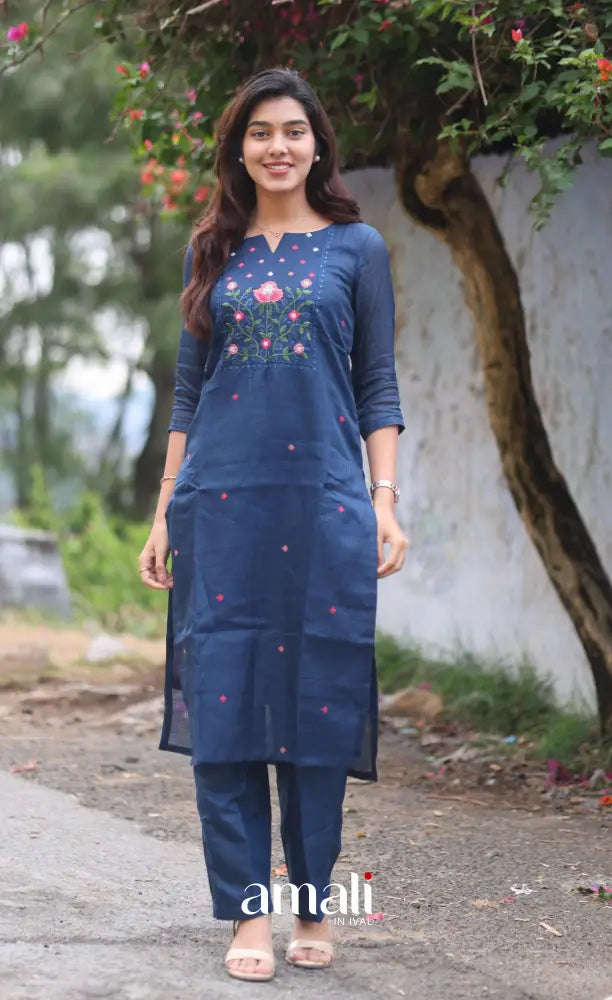 Dark Blue Embroidered Kota Salwar Set - salwar