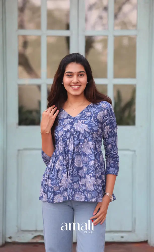 Dark Blue Jaipur Hand Block-Printed Short Top - salwar