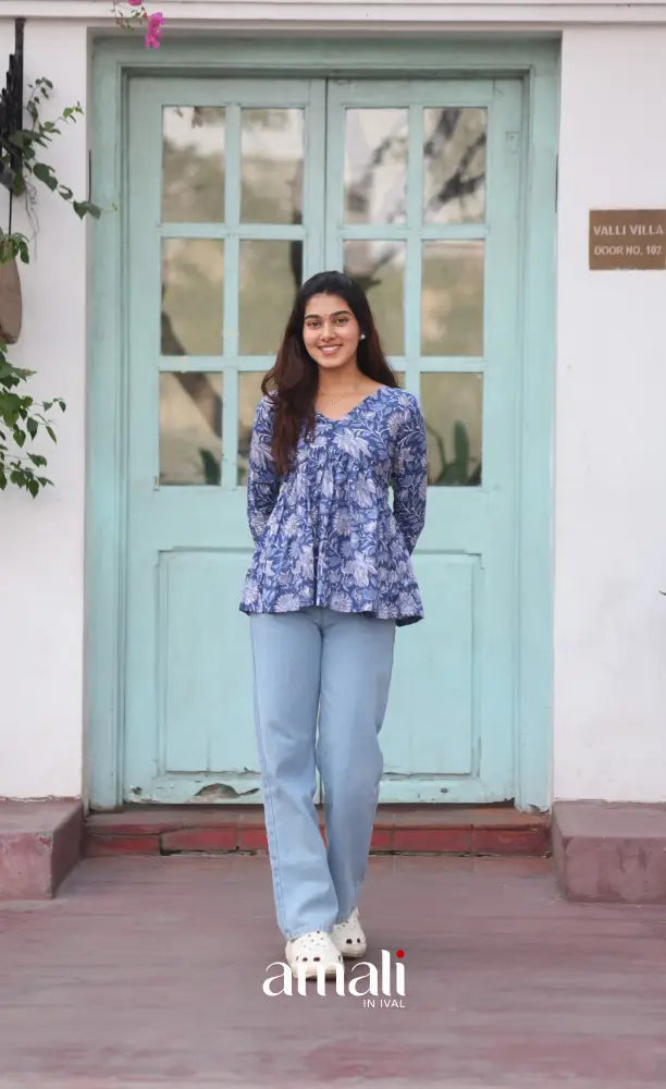 Dark Blue Jaipur Hand Block-Printed Short Top - salwar
