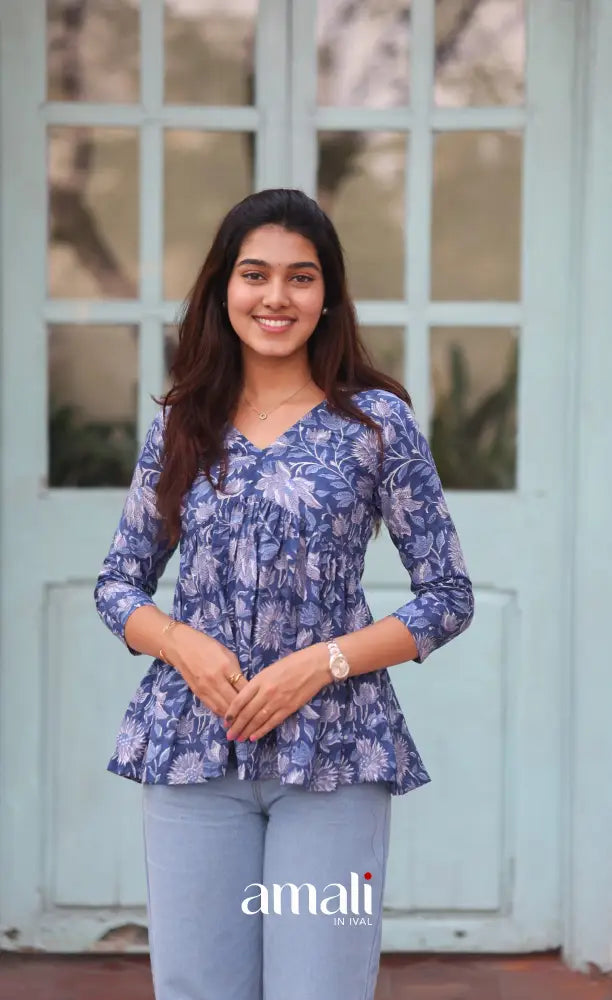 Dark Blue Jaipur Hand Block-Printed Short Top - salwar