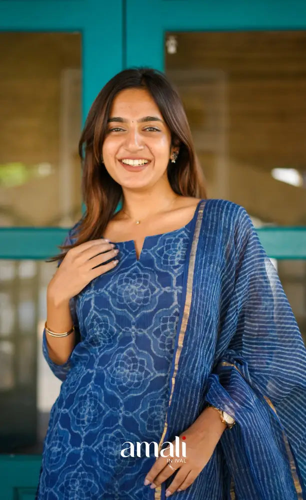 Dark blue Monochrome Hand block printed Kota Salwar - salwar