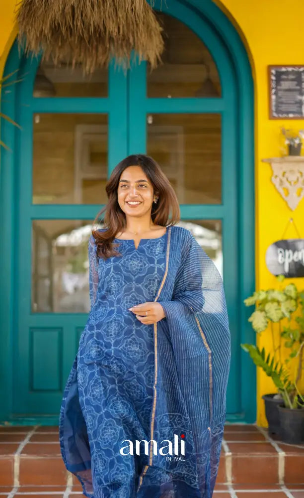 Dark blue Monochrome Hand block printed Kota Salwar - salwar
