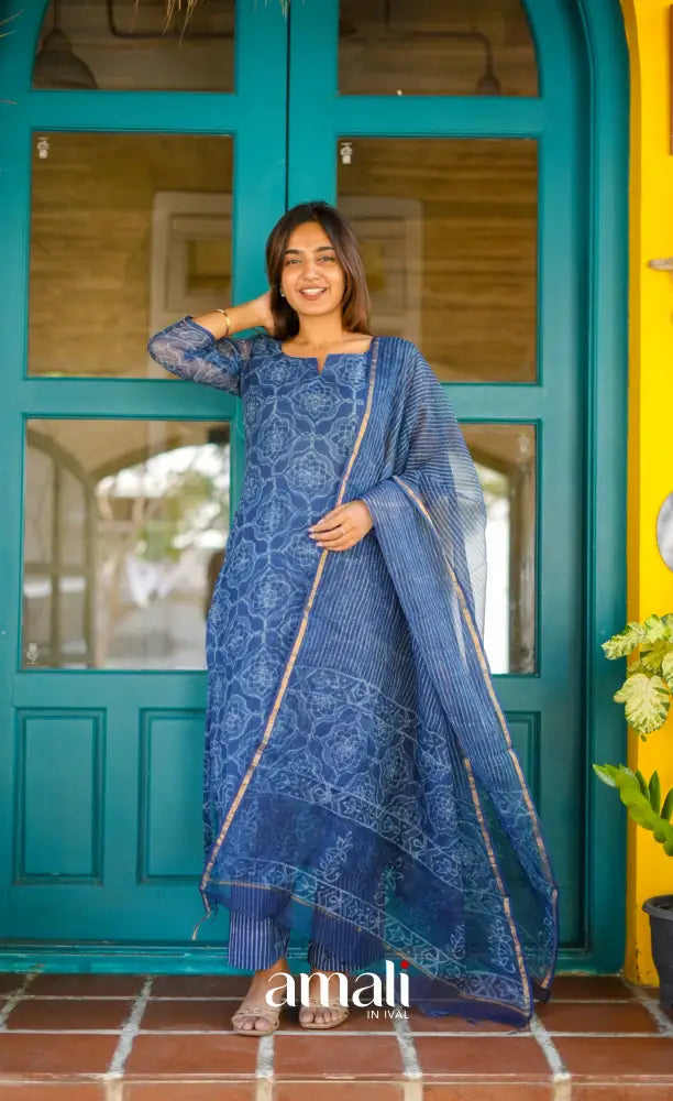 Dark blue Monochrome Hand block printed Kota Salwar - salwar