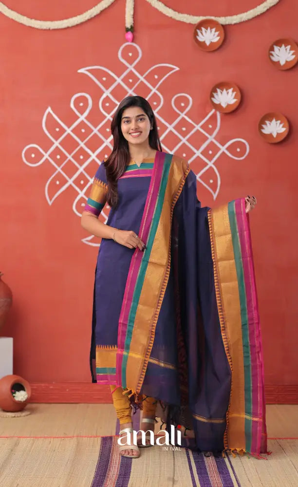 Dark blue with Mustard yellow Chettinad Cotton Salwar - salwar