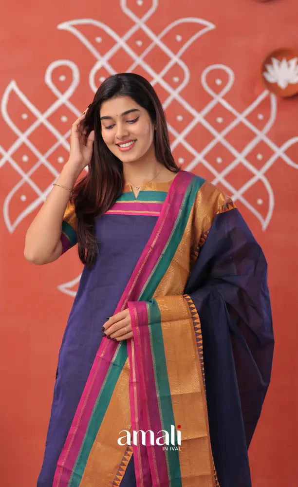 Dark blue with Mustard yellow Chettinad Cotton Salwar - salwar