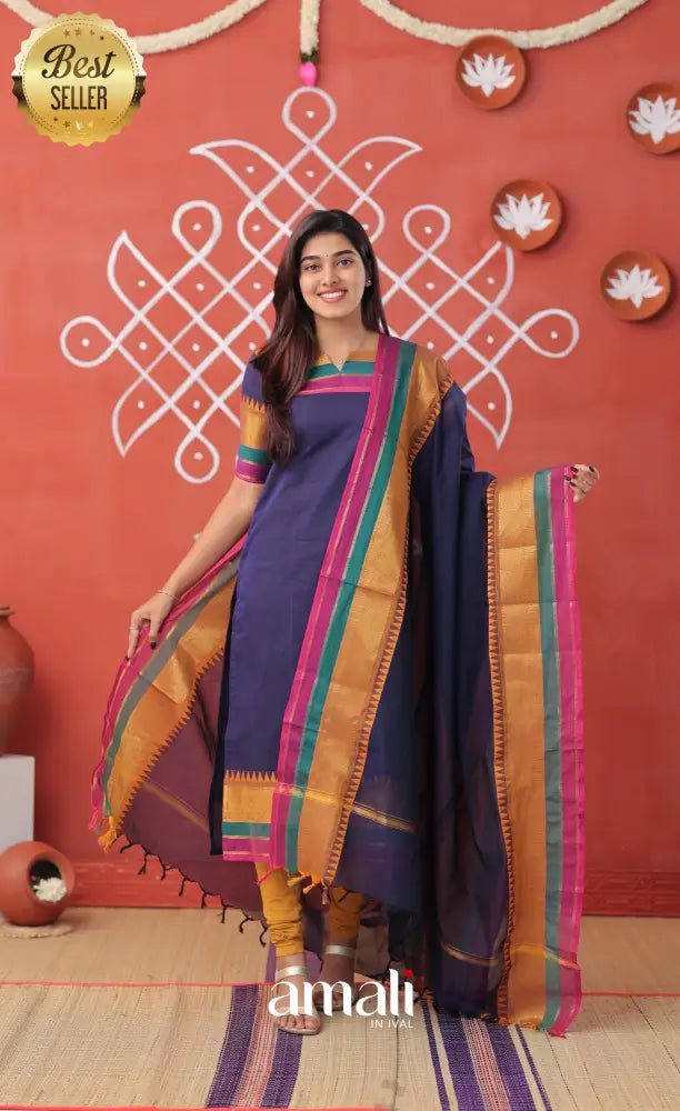 Dark blue with Mustard yellow Chettinad Cotton Salwar - salwar