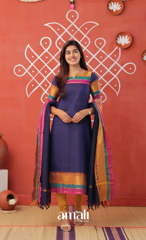 Dark blue with Mustard yellow Chettinad Cotton Salwar - salwar