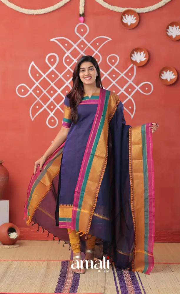 Dark blue with Mustard yellow Chettinad Cotton Salwar - salwar