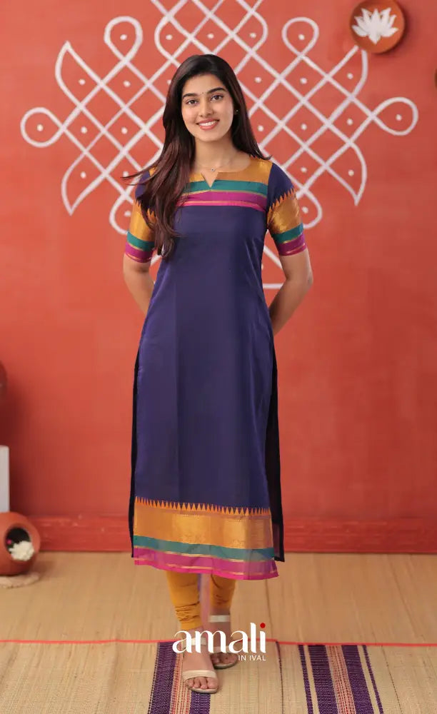 Dark blue with Mustard yellow Chettinad Cotton Salwar - salwar