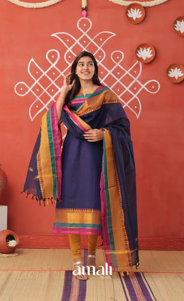 Dark blue with Mustard yellow Chettinad Cotton Salwar - salwar
