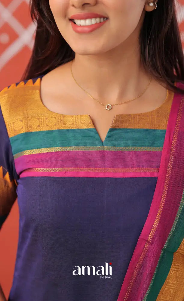 Dark blue with Mustard yellow Chettinad Cotton Salwar - salwar