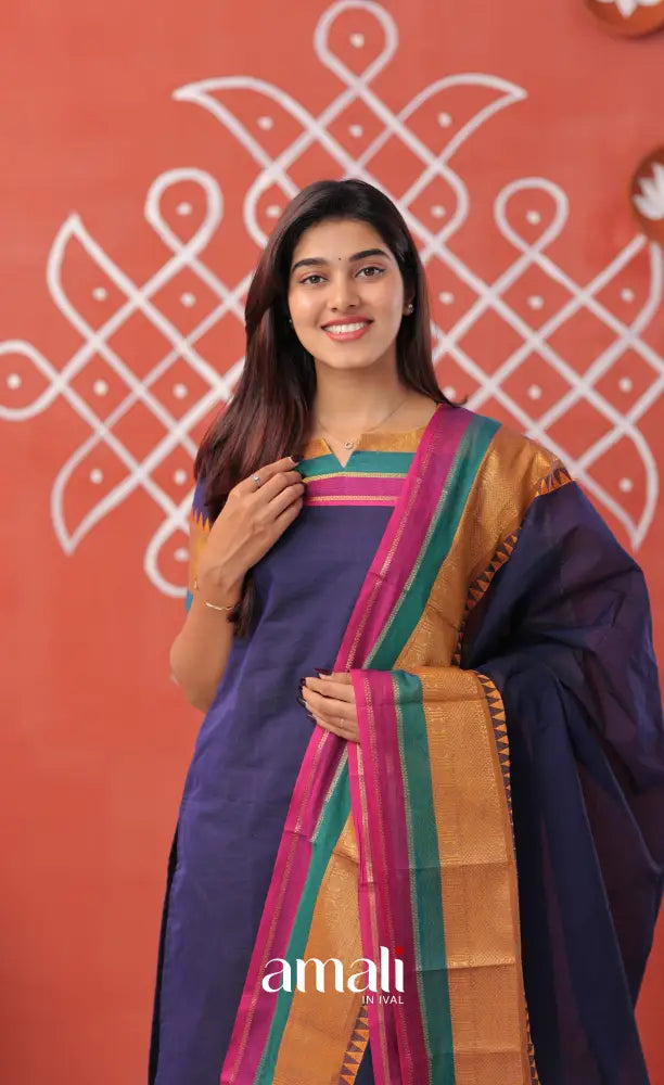 Dark blue with Mustard yellow Chettinad Cotton Salwar - salwar