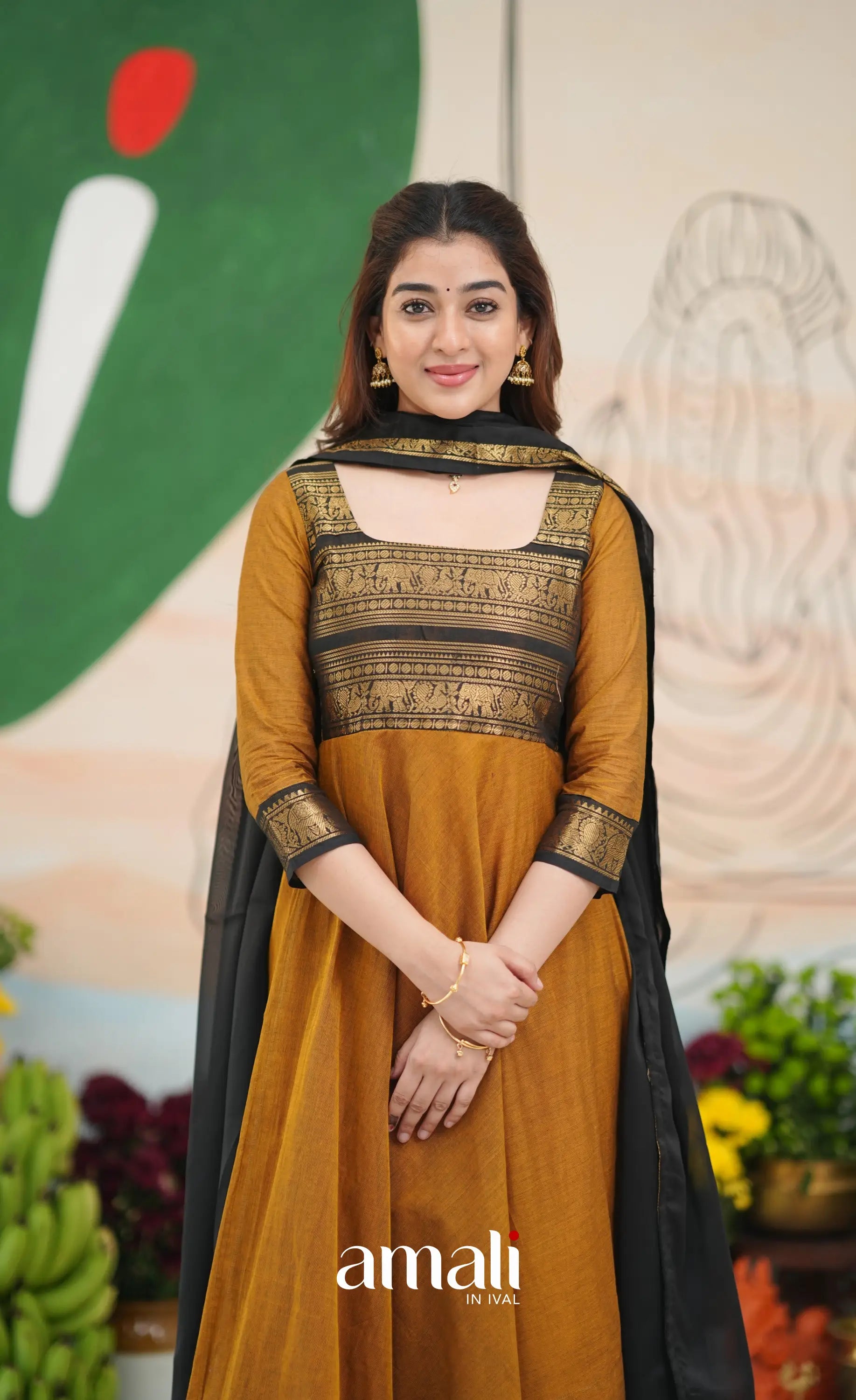 Dark Brownish mustard and Black Chettinad Cotton Anarkali - Anarkalis