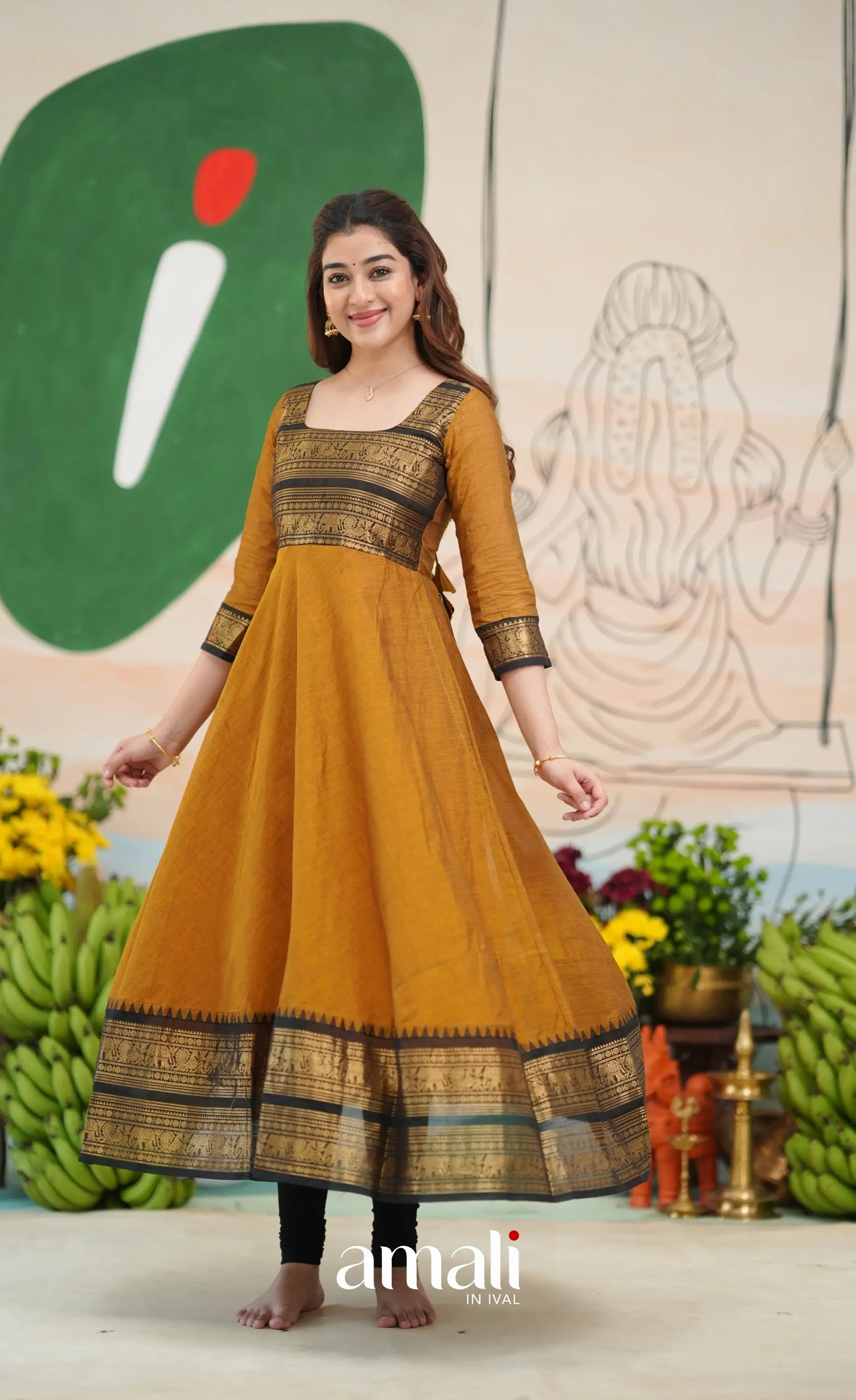 Dark Brownish mustard and Black Chettinad Cotton Anarkali - Anarkalis