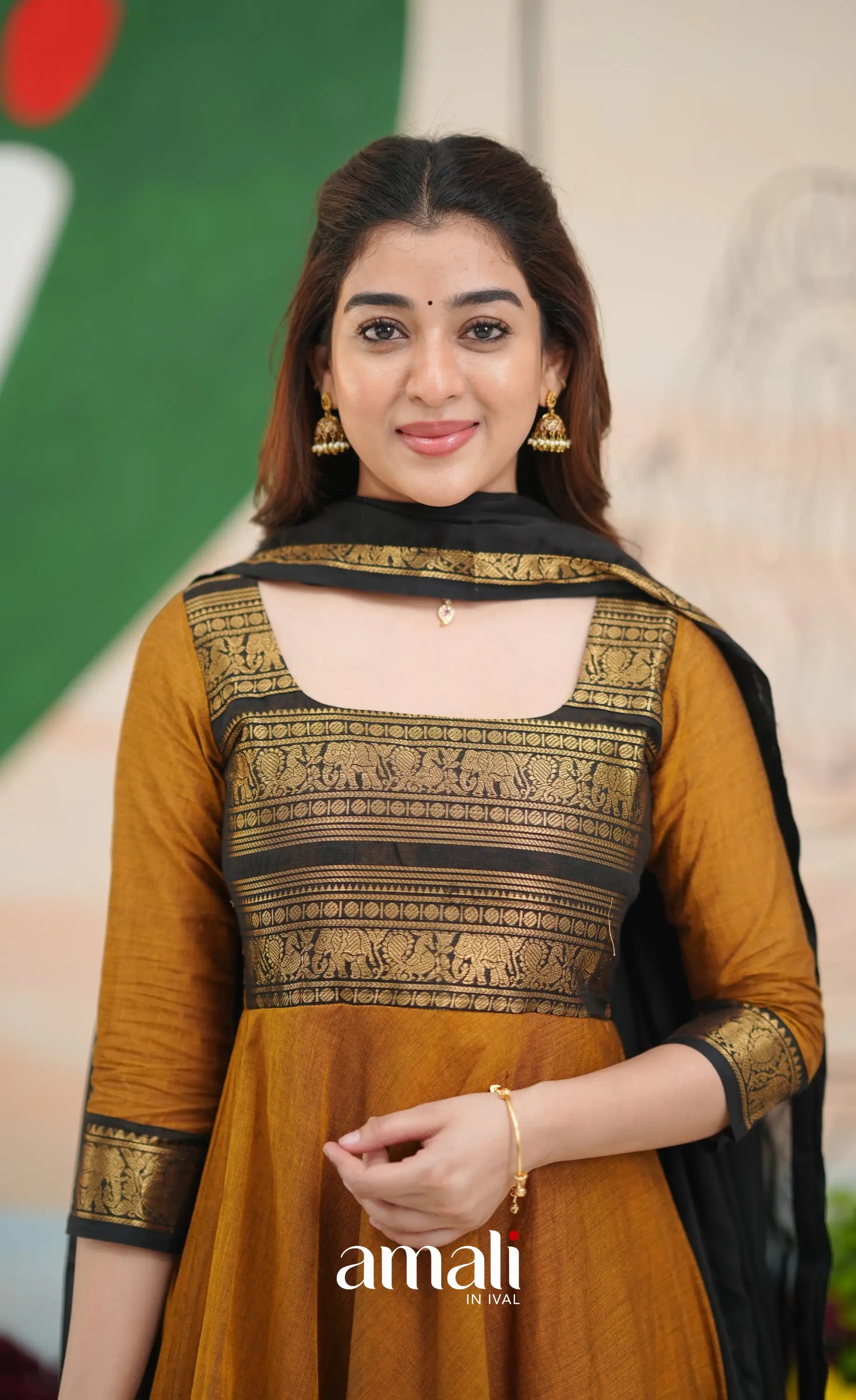 Dark Brownish mustard and Black Chettinad Cotton Anarkali - Anarkalis