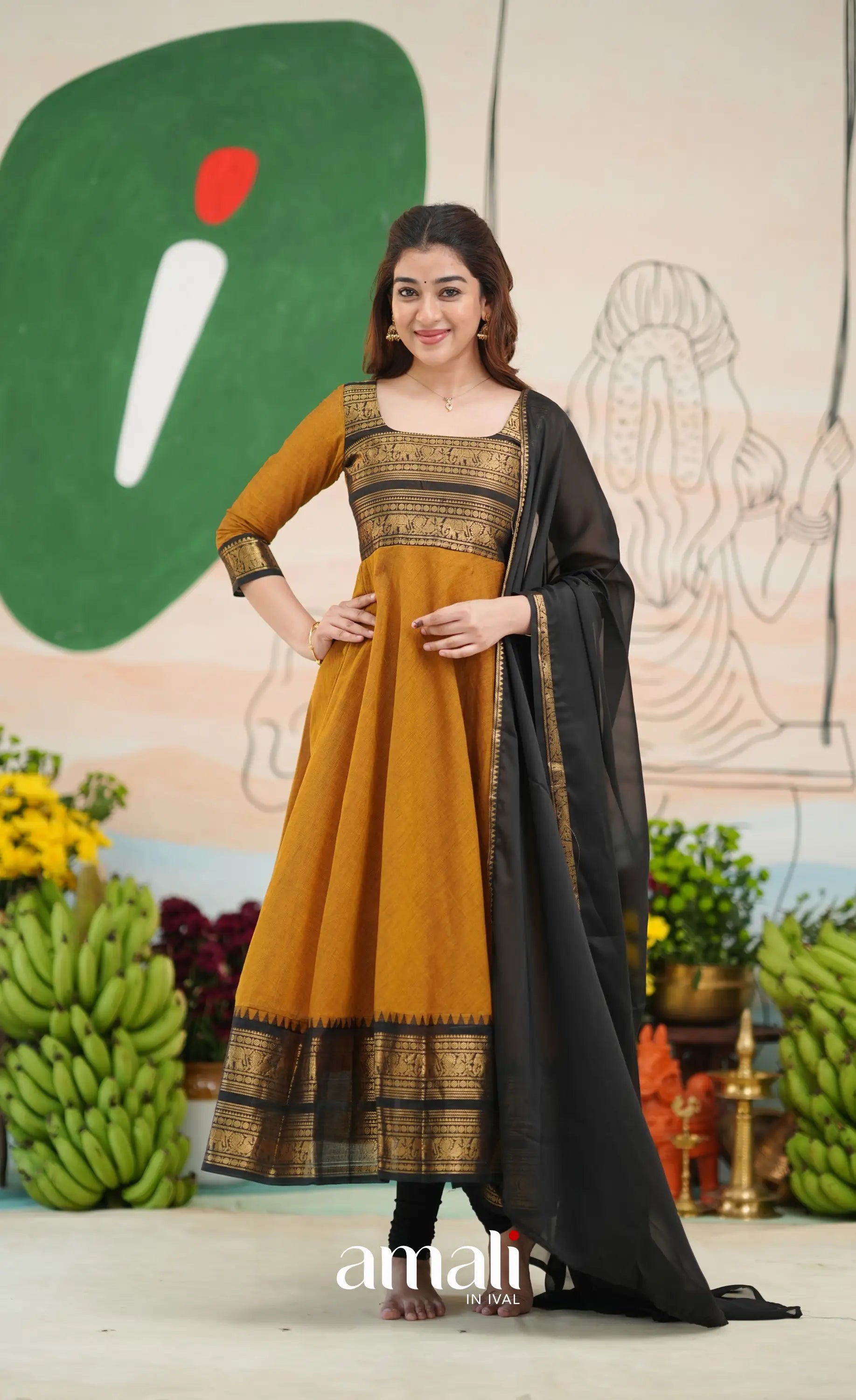 Dark Brownish mustard and Black Chettinad Cotton Anarkali - Anarkalis