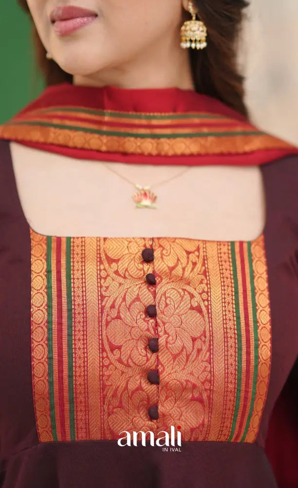 Dark Coffee Brown and Reddish Maroon Cotton Anarkali - Anarkalis