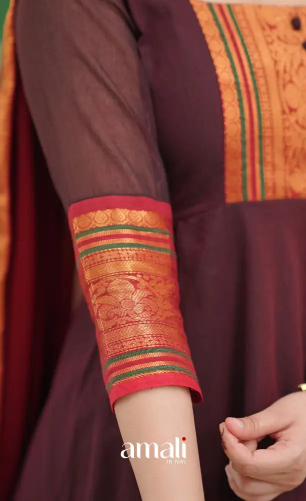 Dark Coffee Brown and Reddish Maroon Cotton Anarkali - Anarkalis