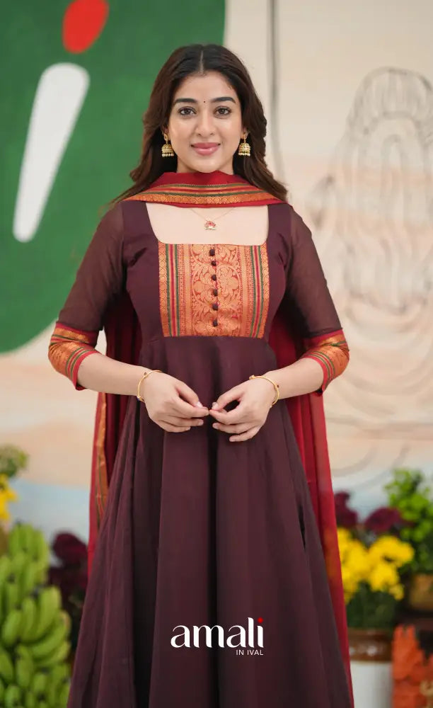 Dark Coffee Brown and Reddish Maroon Cotton Anarkali - Anarkalis