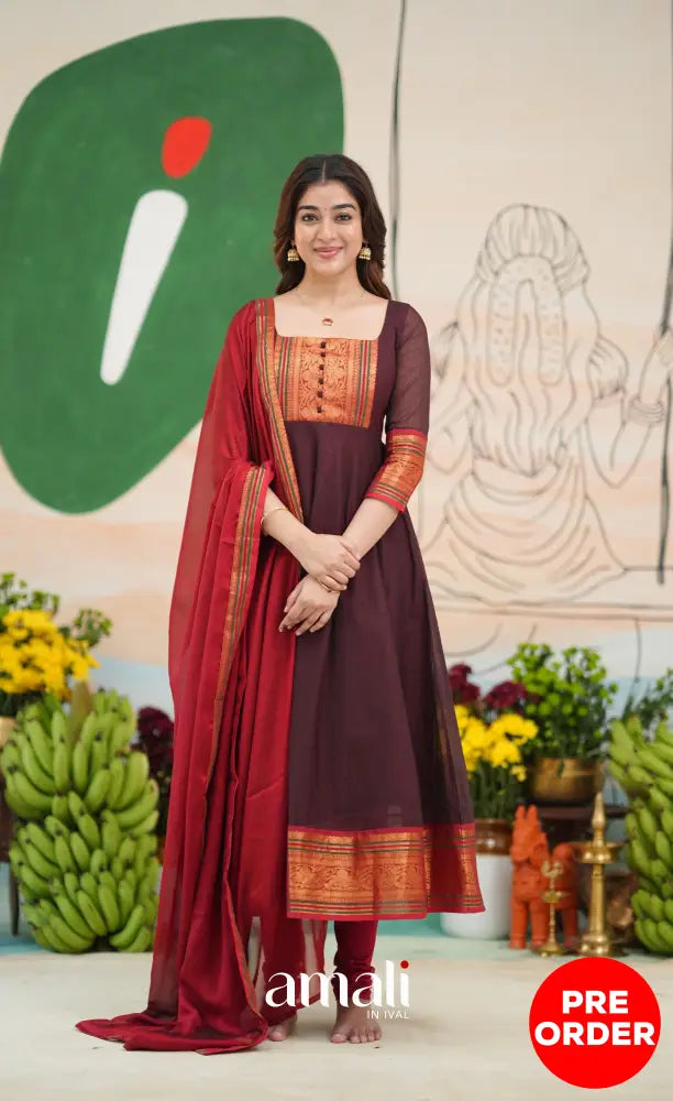 Dark Coffee Brown and Reddish Maroon Cotton Anarkali - Anarkalis