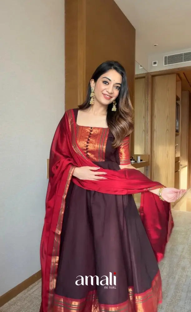 Dark Coffee Brown Chettinad Cotton Stretchable Anarkali - Anarkalis
