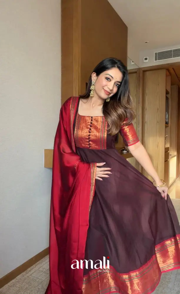Dark Coffee Brown Chettinad Cotton Stretchable Anarkali - Anarkalis
