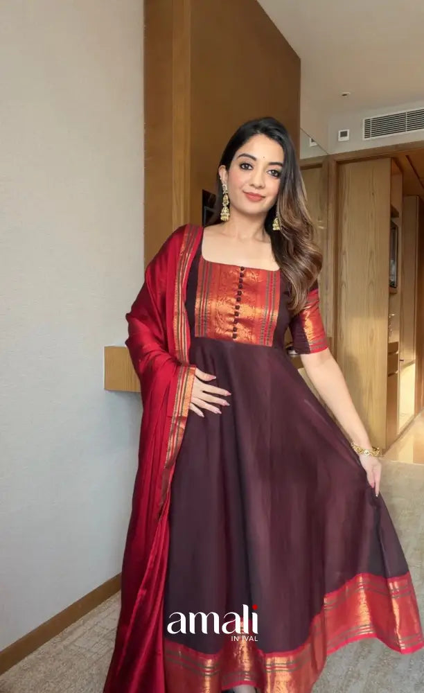 Dark Coffee Brown Chettinad Cotton Stretchable Anarkali - Anarkalis