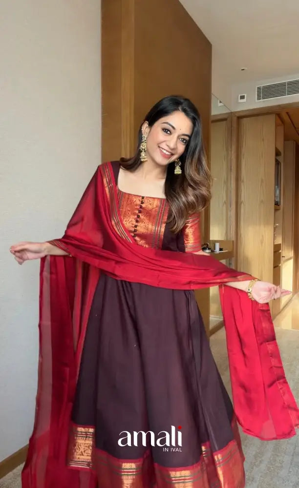 Dark Coffee Brown Chettinad Cotton Stretchable Anarkali - Anarkalis