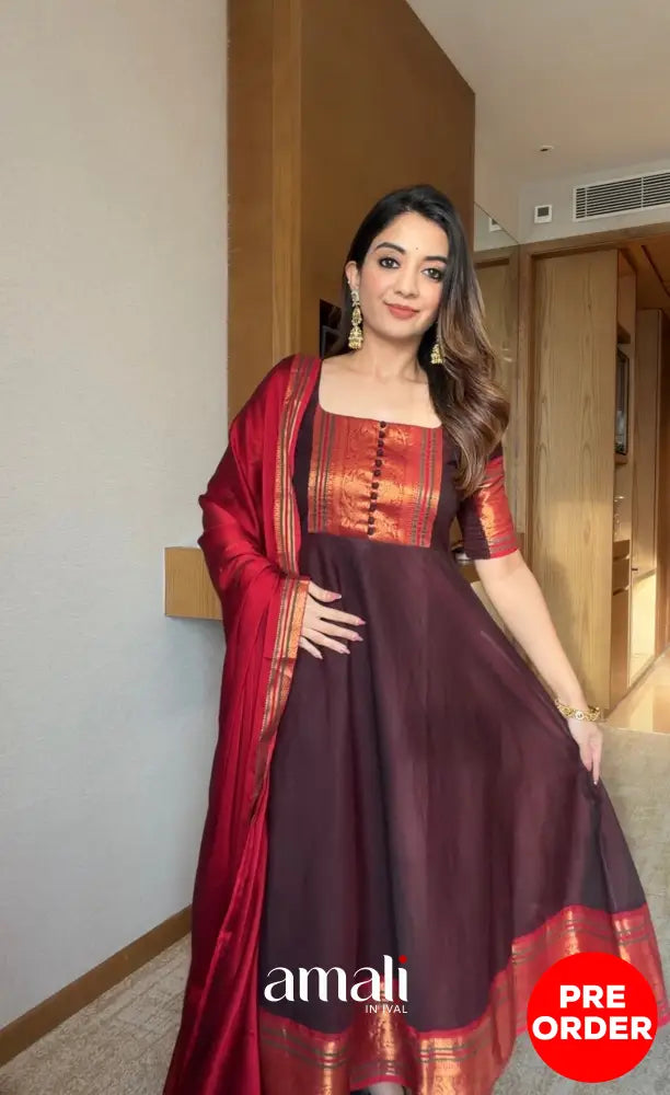 Dark Coffee Brown Chettinad Cotton Stretchable Anarkali - Anarkalis