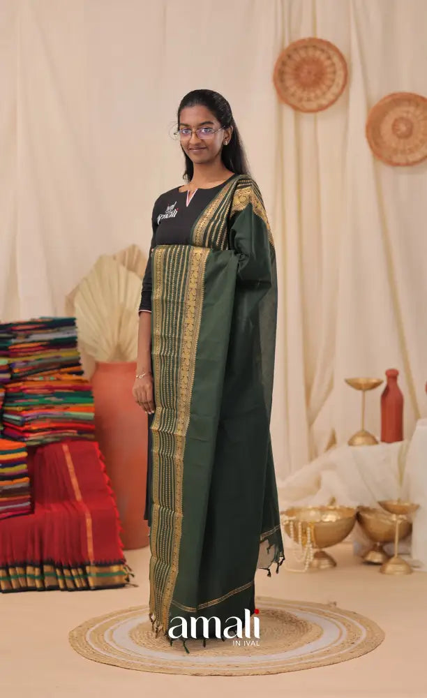 Dark Forest Green With Gold Chettinad Cotton Dupatta salwar