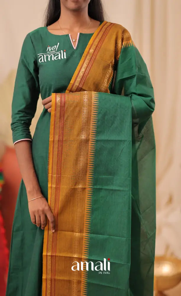 Dark Green With Deep Mustard Chettinad Cotton Dupatta salwar