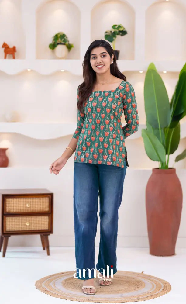 Dark Greenish Teal Jaipur Hand Block-Printed Short Top - salwar