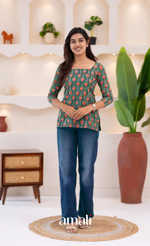 Dark Greenish Teal Jaipur Hand Block-Printed Short Top - salwar