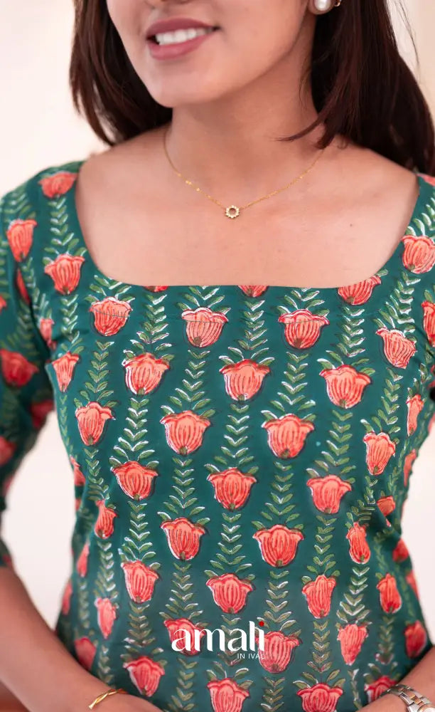Dark Greenish Teal Jaipur Hand Block-Printed Short Top - salwar