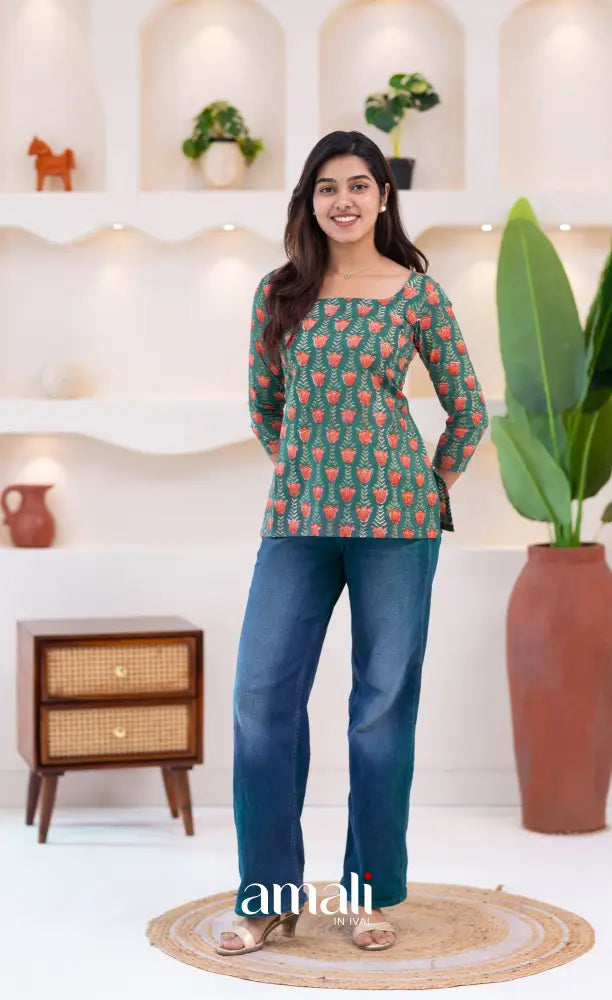 Dark Greenish Teal Jaipur Hand Block-Printed Short Top - salwar