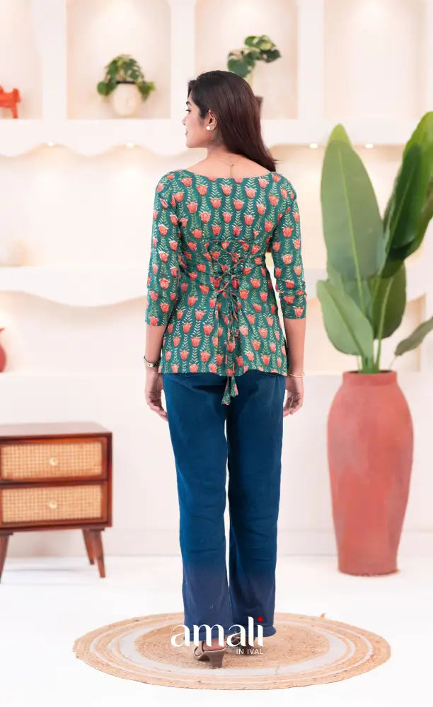 Dark Greenish Teal Jaipur Hand Block-Printed Short Top - salwar