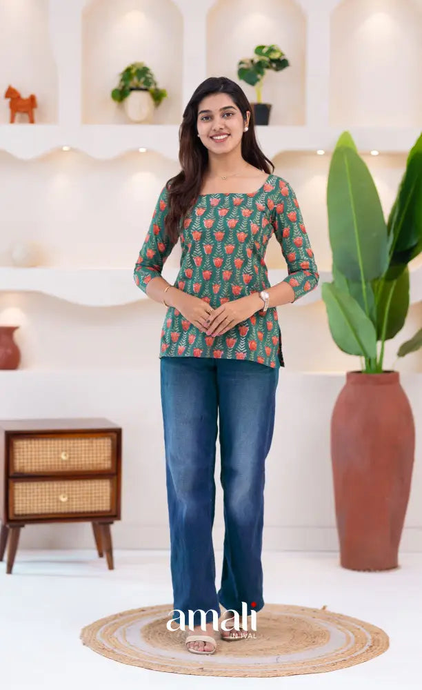 Dark Greenish Teal Jaipur Hand Block-Printed Short Top - salwar