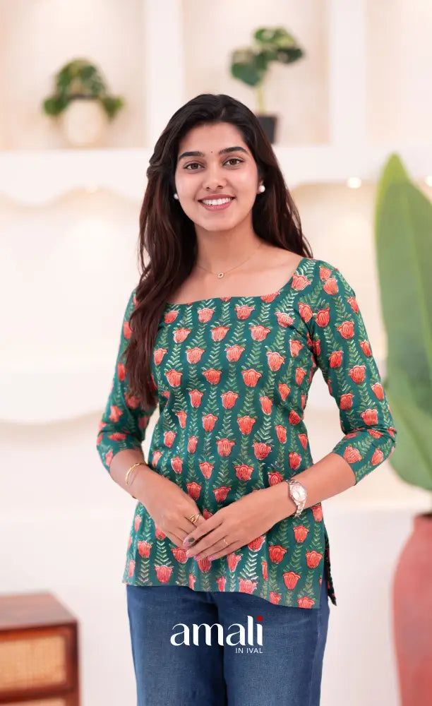 Dark Greenish Teal Jaipur Hand Block-Printed Short Top - salwar