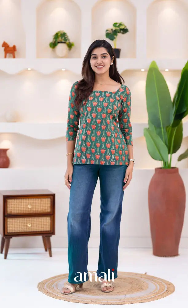 Dark Greenish Teal Jaipur Hand Block-Printed Short Top - salwar