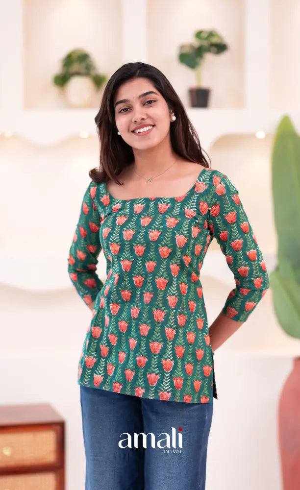 Dark Greenish Teal Jaipur Hand Block-Printed Short Top - salwar
