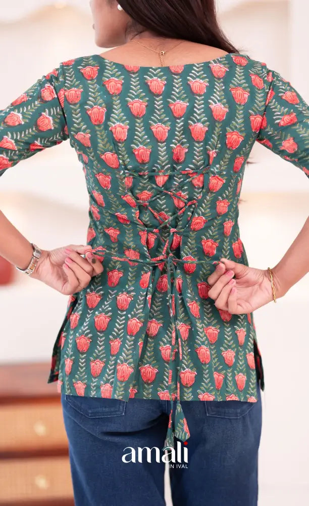 Dark Greenish Teal Jaipur Hand Block-Printed Short Top - salwar