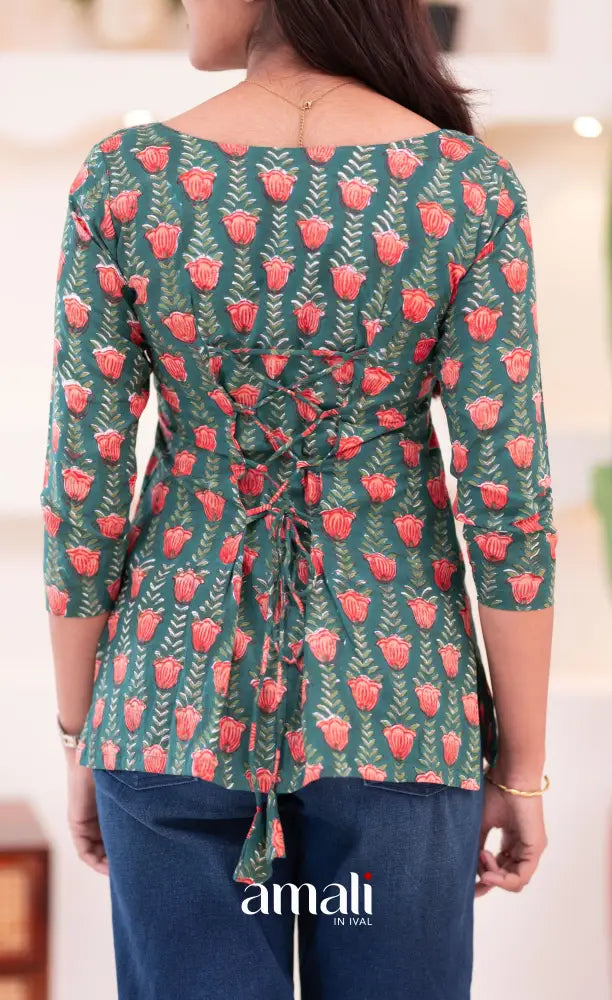 Dark Greenish Teal Jaipur Hand Block-Printed Short Top - salwar