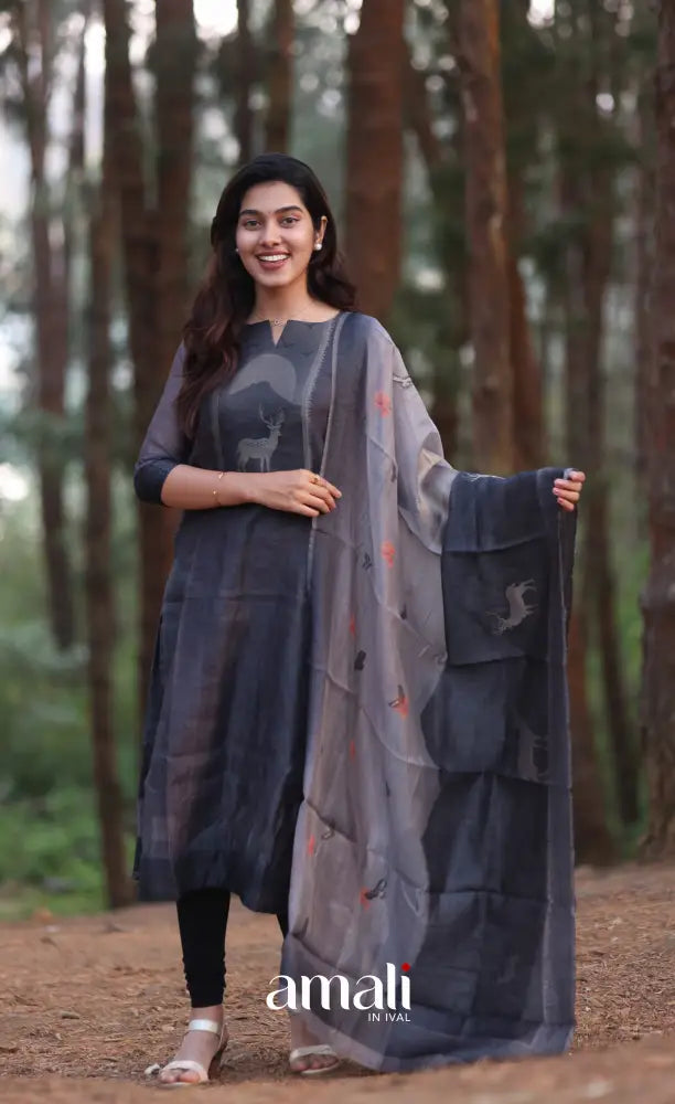 Dark Grey Viscose Chanderi Salwar Set - salwar