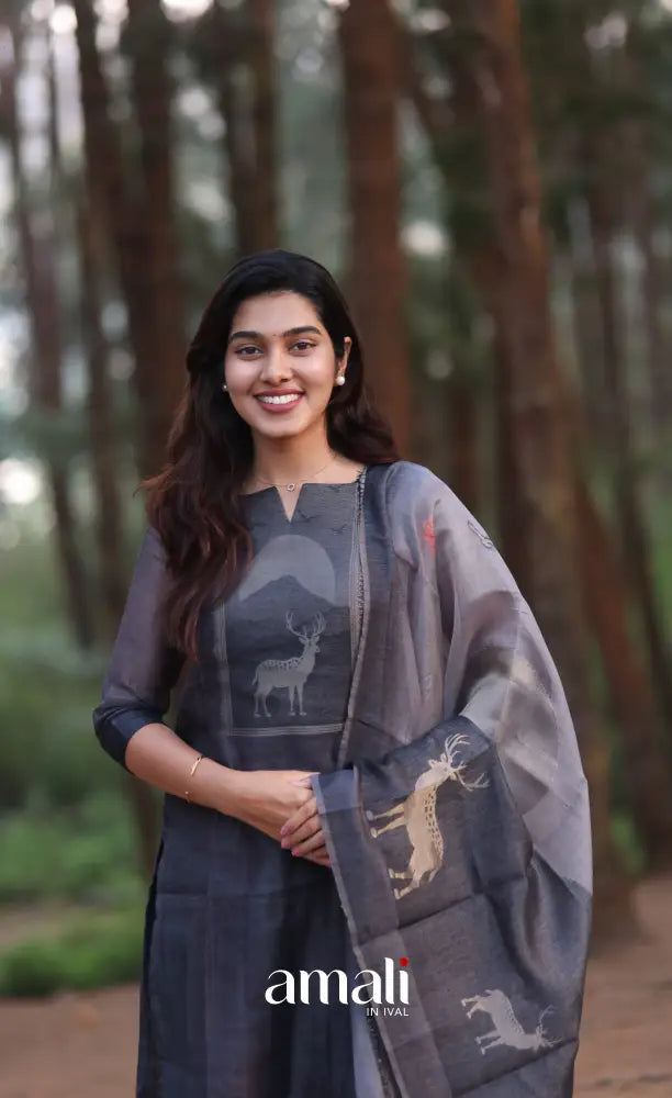 Dark Grey Viscose Chanderi Salwar Set - salwar