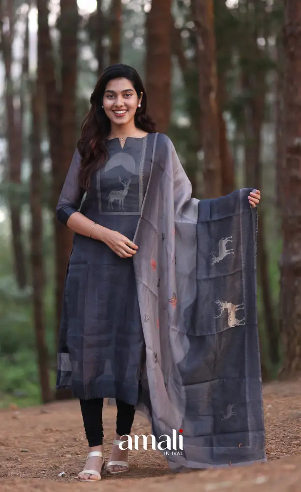 Dark Grey Viscose Chanderi Salwar Set - salwar